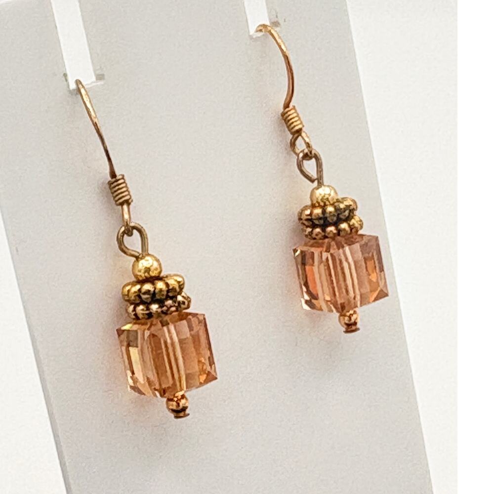 Mid‑2000s Crystal Cube Earrings in Champagne Topaz, Brass‑Tone Dangles